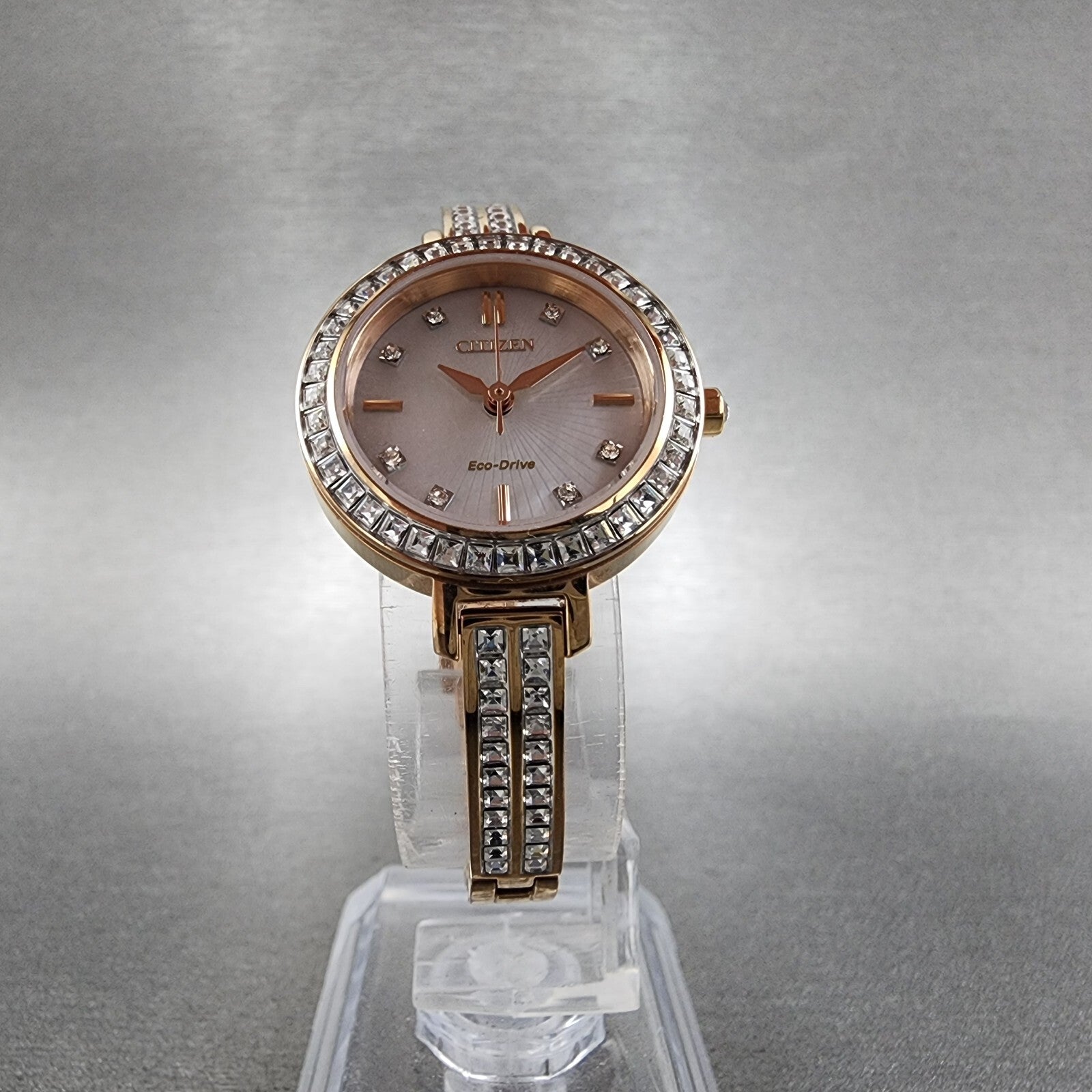 Citizen EcoDrive Silhouette Crystal Watch Women 25mm MOP Dial Rose Gold Tone BA5