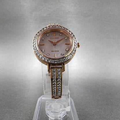 Citizen EcoDrive Silhouette Crystal Watch Women 25mm MOP Dial Rose Gold Tone BA5