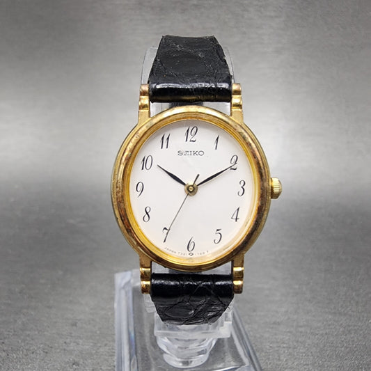 Seiko Watch Women 22mm White Dial Gold Tone Oval Leather 73216070 New Battery0