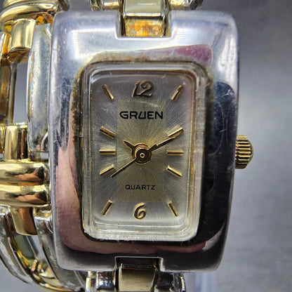Gruen Tank Watch Women 18mm Silver Dial Two Tone Rectangle Wrap Around New Batt1