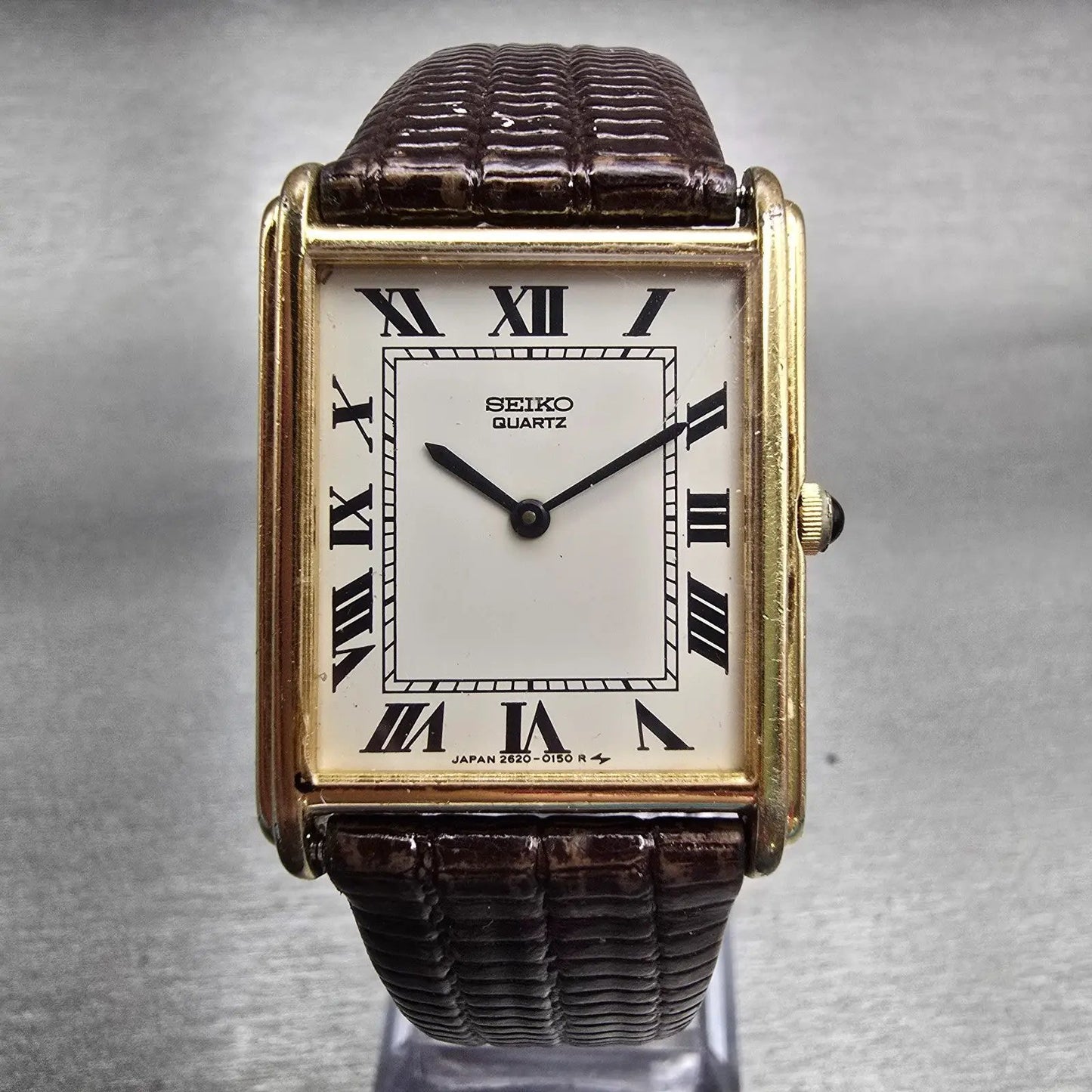Seiko Tank Watch Men 26mm White Dial Gold Tone Rectangle 2620-5580 New Battery0