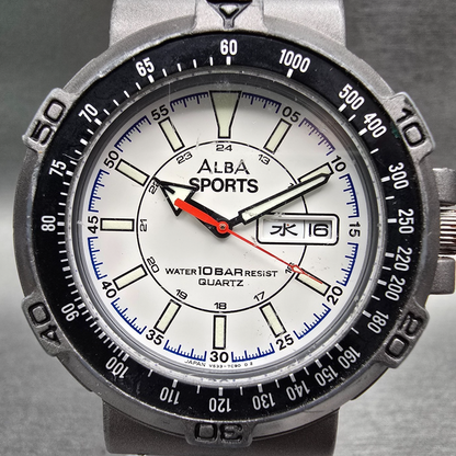 Alba Sports Watch Men 40mm White Dial Gray Tone Daydate Round V533-7B90 New Batt1