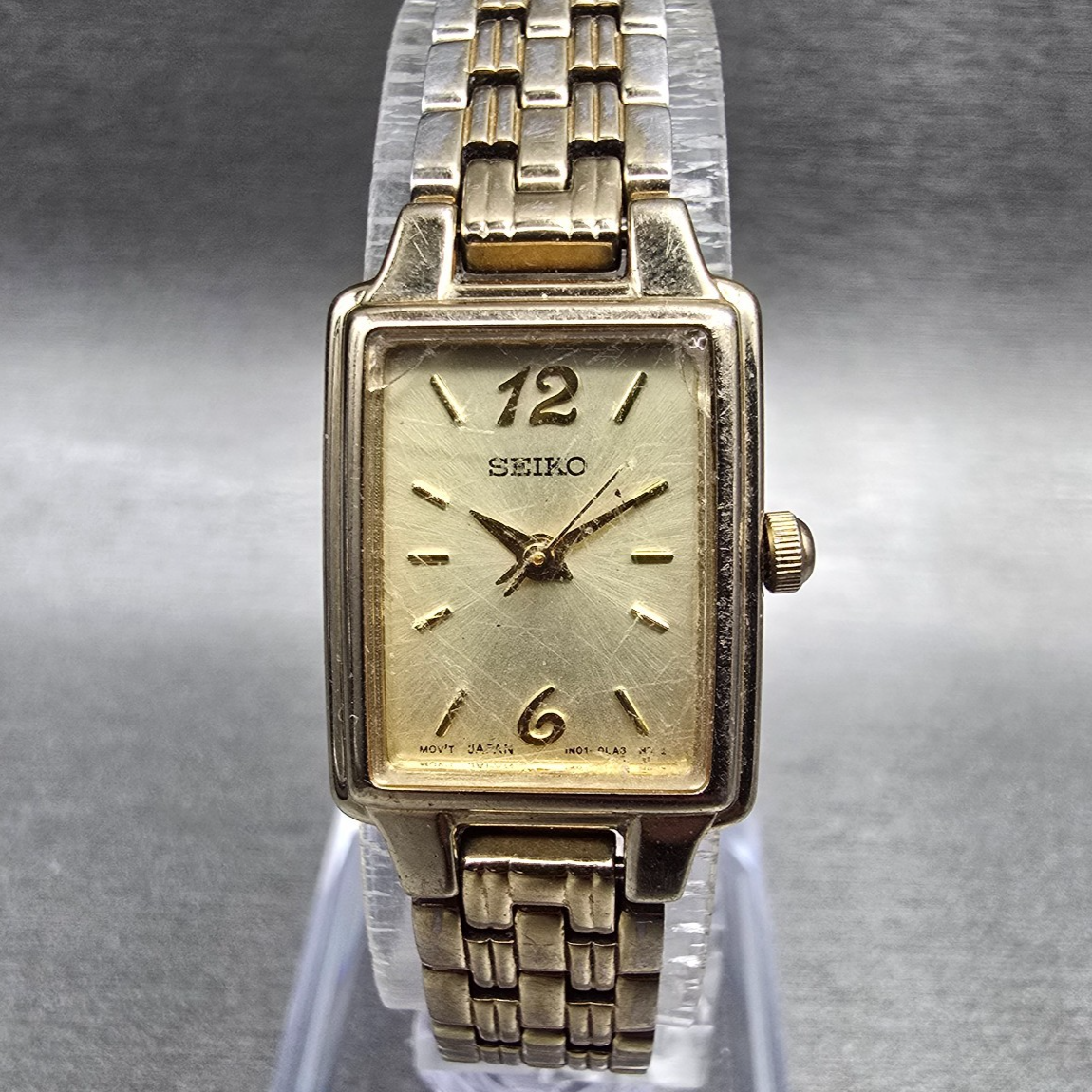 Seiko Watch Women 16mm Gold Dial Gold Tone Rectangle 1N01-0FH0 New Battery JP340
