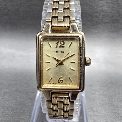 Seiko Watch Women 16mm Gold Dial Gold Tone Rectangle 1N01-0FH0 New Battery JP340