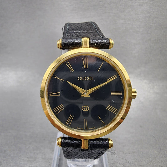 Gucci 2000M Watch Men 30mm Black Dial Gold Plated Leather Round New Battery0
