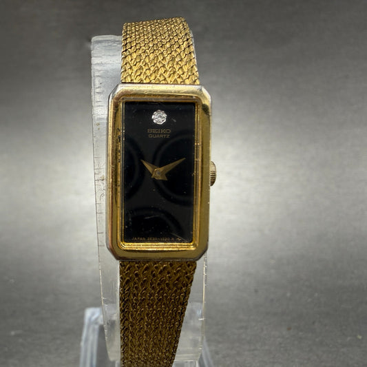 Seiko Tank Watch Women 13mm Black Dial Gold Tone Rectangle 2e20-6239 New Batt AB0