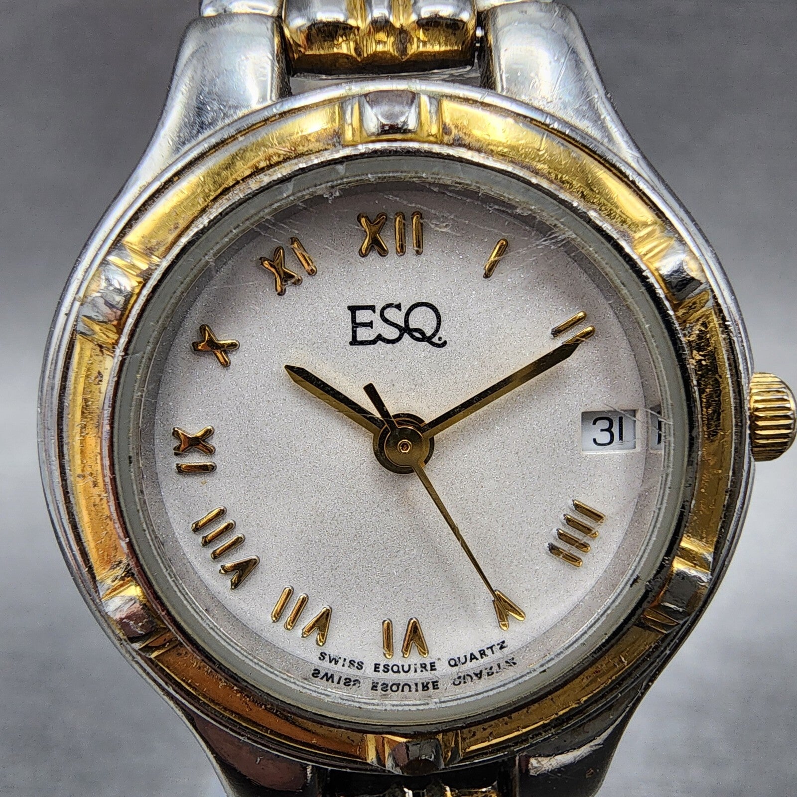 ESQ Watch Women 27mm Silver Dial Two Tone Date Round New Battery Vintage1