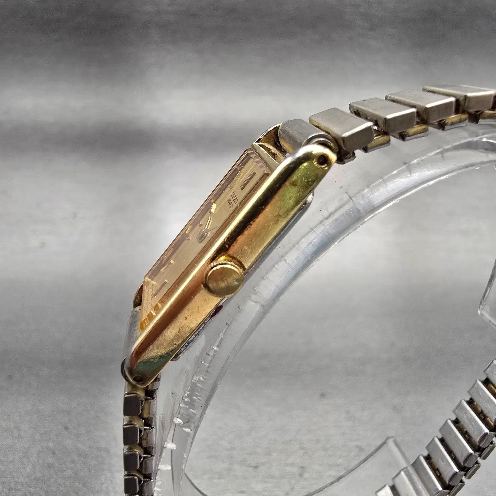 Seiko Watch Women 13mm Gold Dial Gold Tone Rectangle 2E20-6120 New Battery VTG2