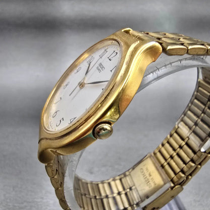 Seiko Watch Men 34mm White Dial Gold Tone Round V701-6K09 New Battery Vintage2