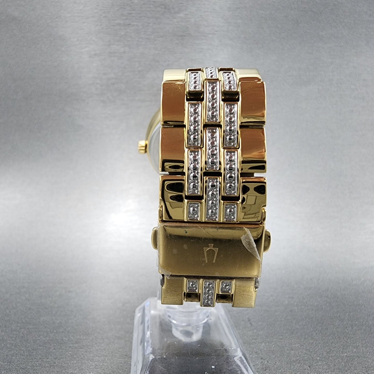 Bulova Watch Men 40mm Gold Dial Gold Tone Round Crystal Bezel 98K113 W/Necklace