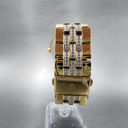 Bulova Watch Men 40mm Gold Dial Gold Tone Round Crystal Bezel 98K113 W/Necklace