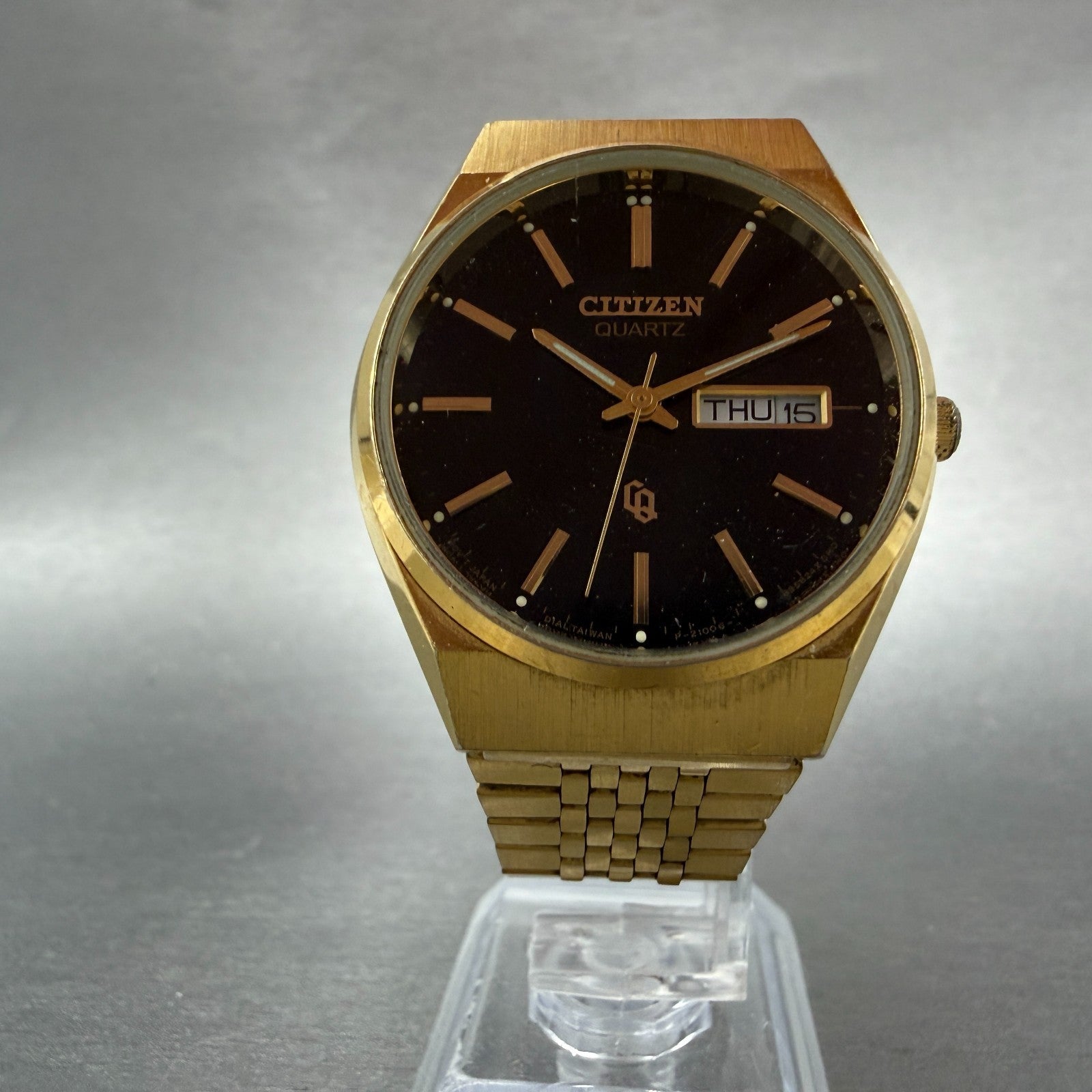 Citizen CQ Watch Men 35mm Black Dial Gold Round Daydate 2100-890850 PARTS6