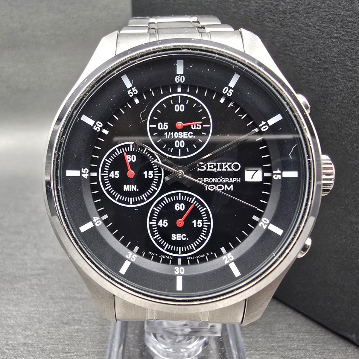 Seiko Chronograph Watch Men 43mm Black Dial Silver Tone Date 4T57-00G0 New Batt0