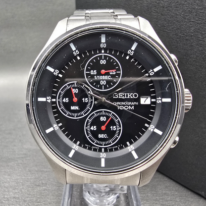 Seiko Chronograph Watch Men 43mm Black Dial Silver Tone Date 4T57-00G0 New Batt0