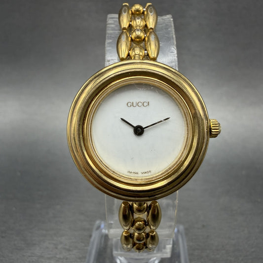 Gucci 11/12 Watch Women 26mm White Dial Gold Plated Interchange Bezel New Batt0
