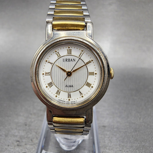 Seiko ALBA URBAN Watch Women 24mm White Dial Two Tone Round V301-6B60 New Batt