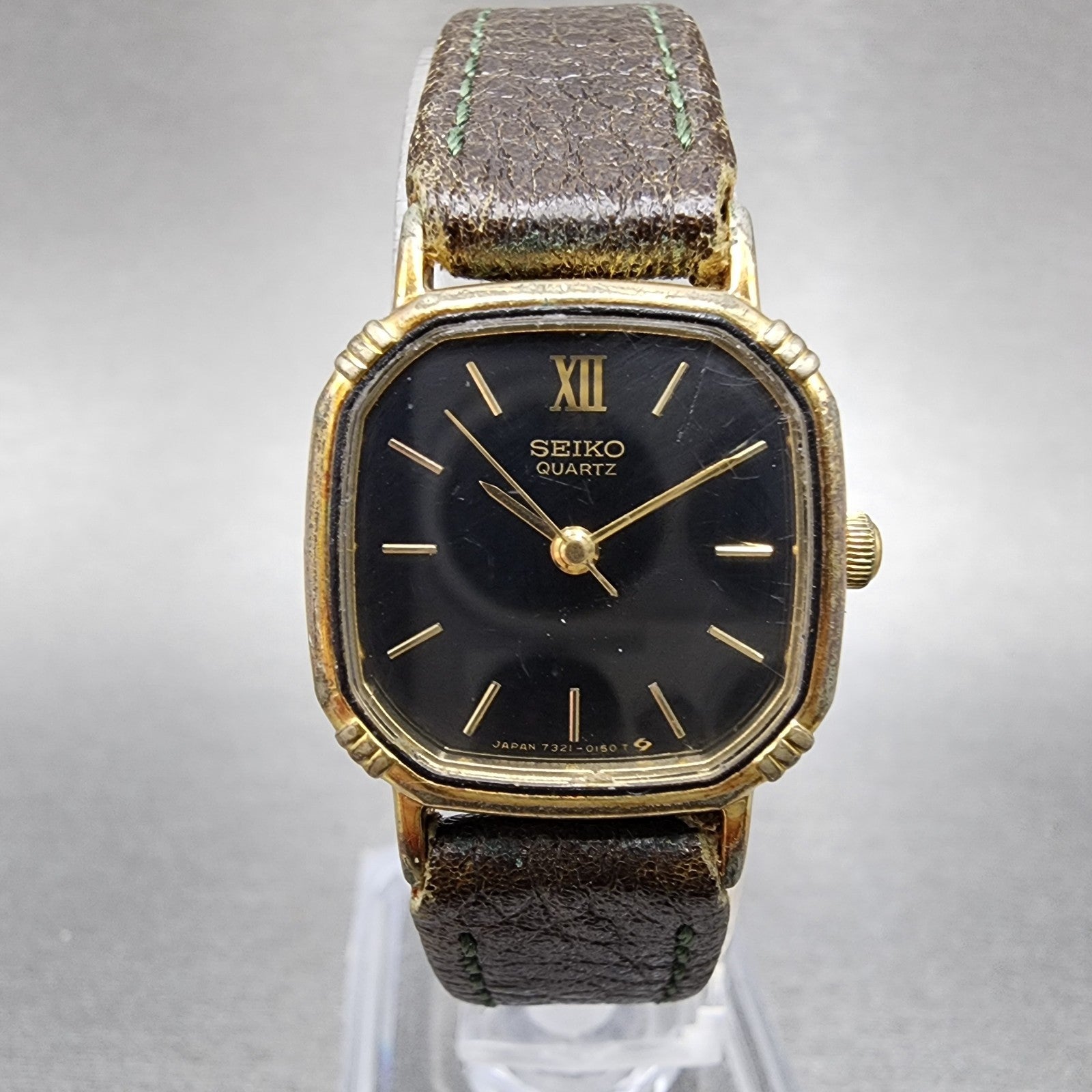 Seiko Watch Women 20mm Black Dial Gold Tone Square 7321507a New Battery0