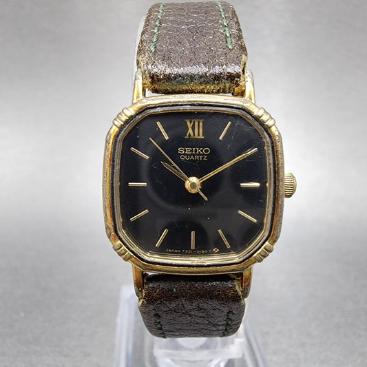 Seiko Watch Women 20mm Black Dial Gold Tone Square 7321507a New Battery0