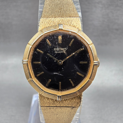 Seiko Watch Women 21mm Black Dial Gold Round 2320-5128 New Battery Vintage0