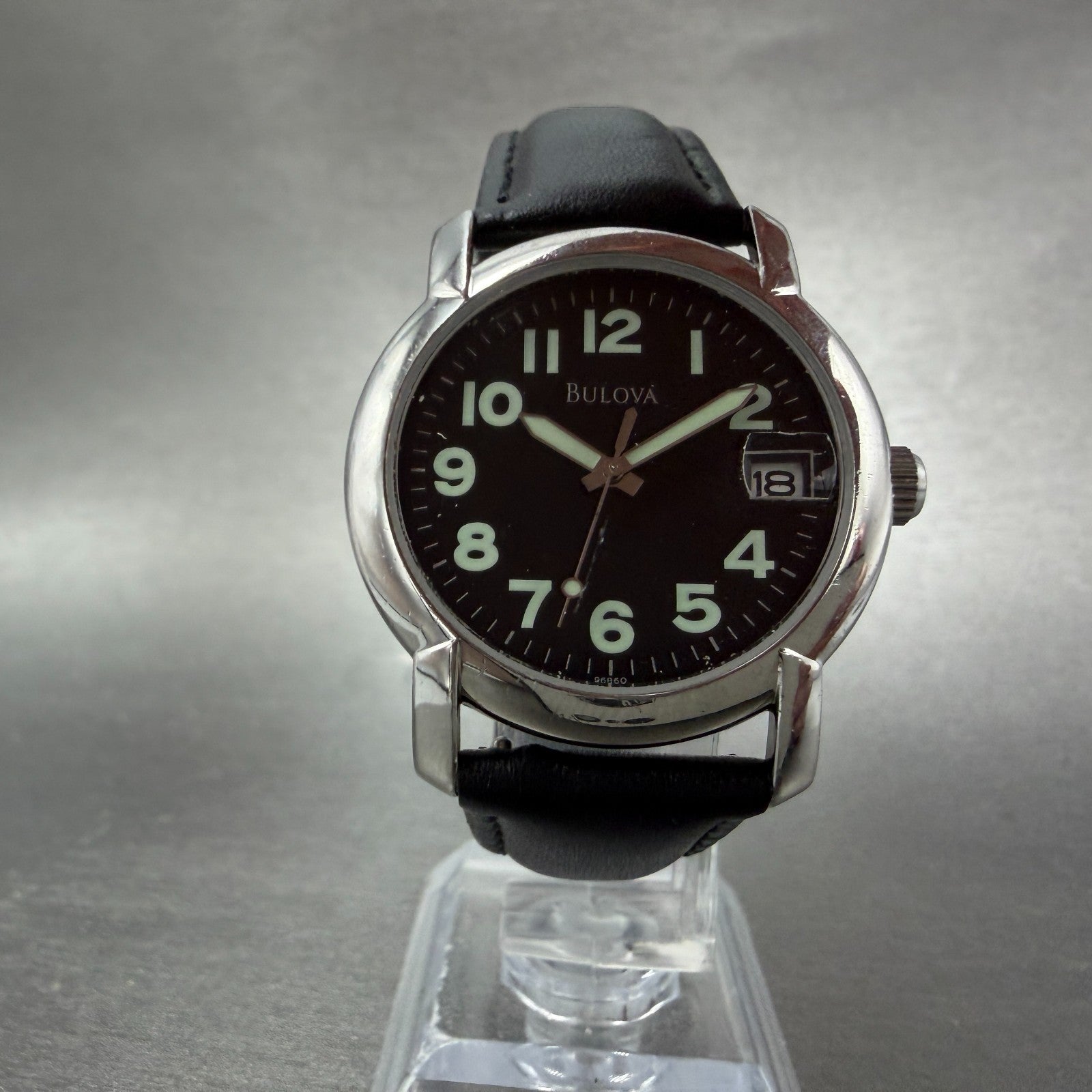 Bulova Watch Unisex 34mm Black Dial Silver Tone Date Round 96B60 New Battery5
