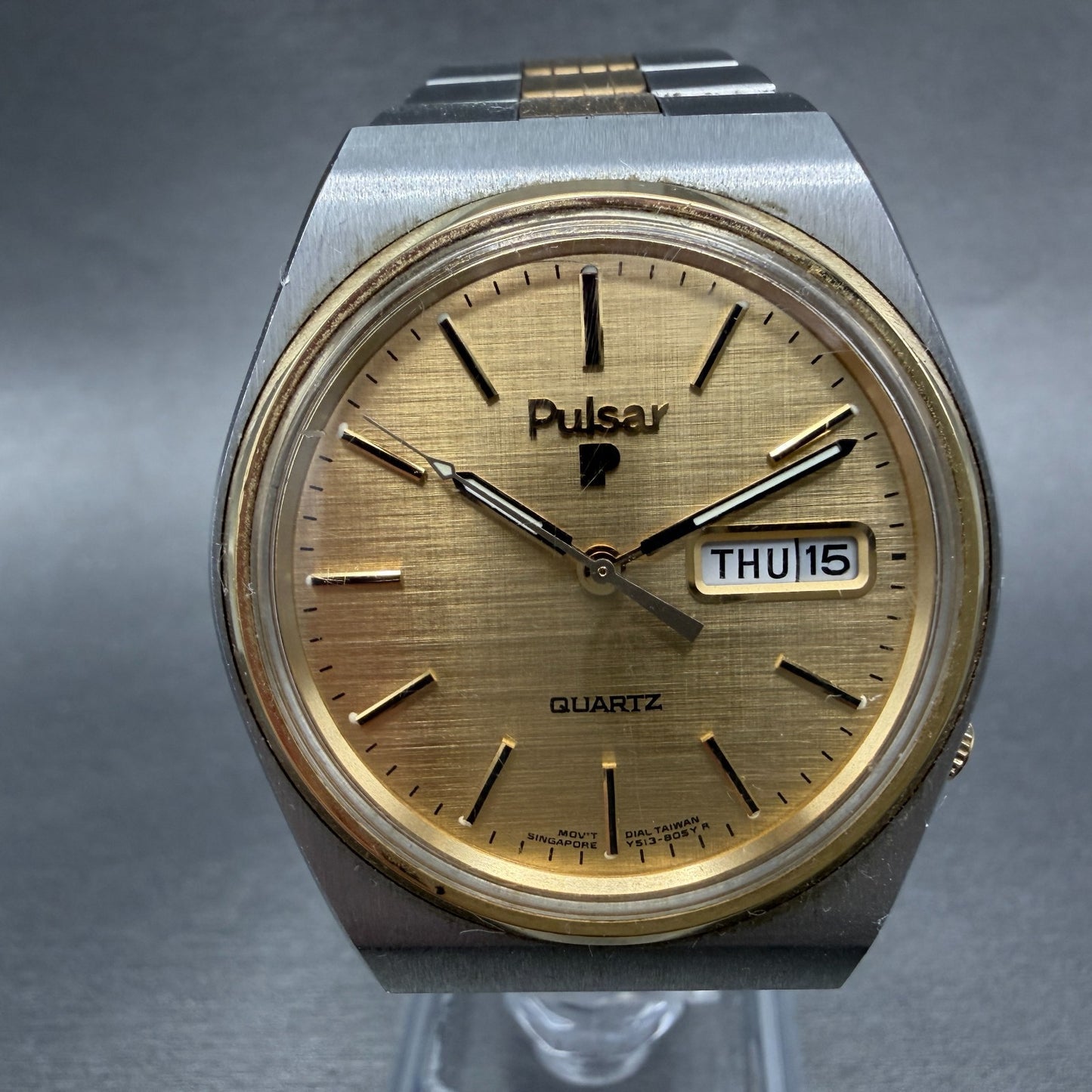 Seiko Pulsar Watch Men 36mm Champagne Dial Two Tone Daydate Y513-8259 NewBattery0