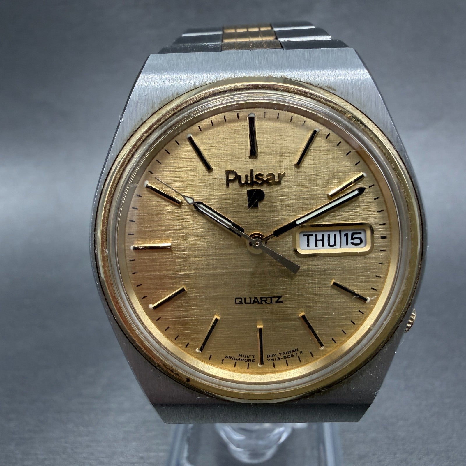 Seiko Pulsar Watch Men 36mm Champagne Dial Two Tone Daydate Y513-8259 NewBattery0