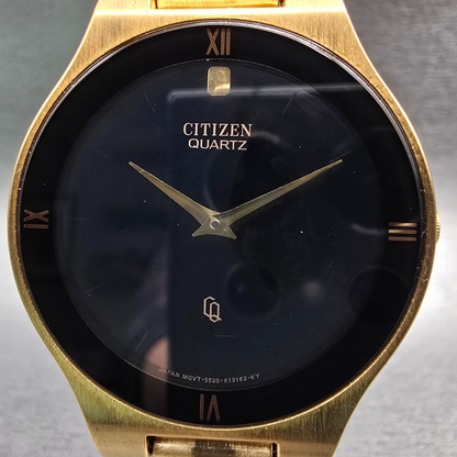 Citizen CQ Watch Men 34mm Black Dial Gold Tone Round 5520-K03810 New Battery JP1