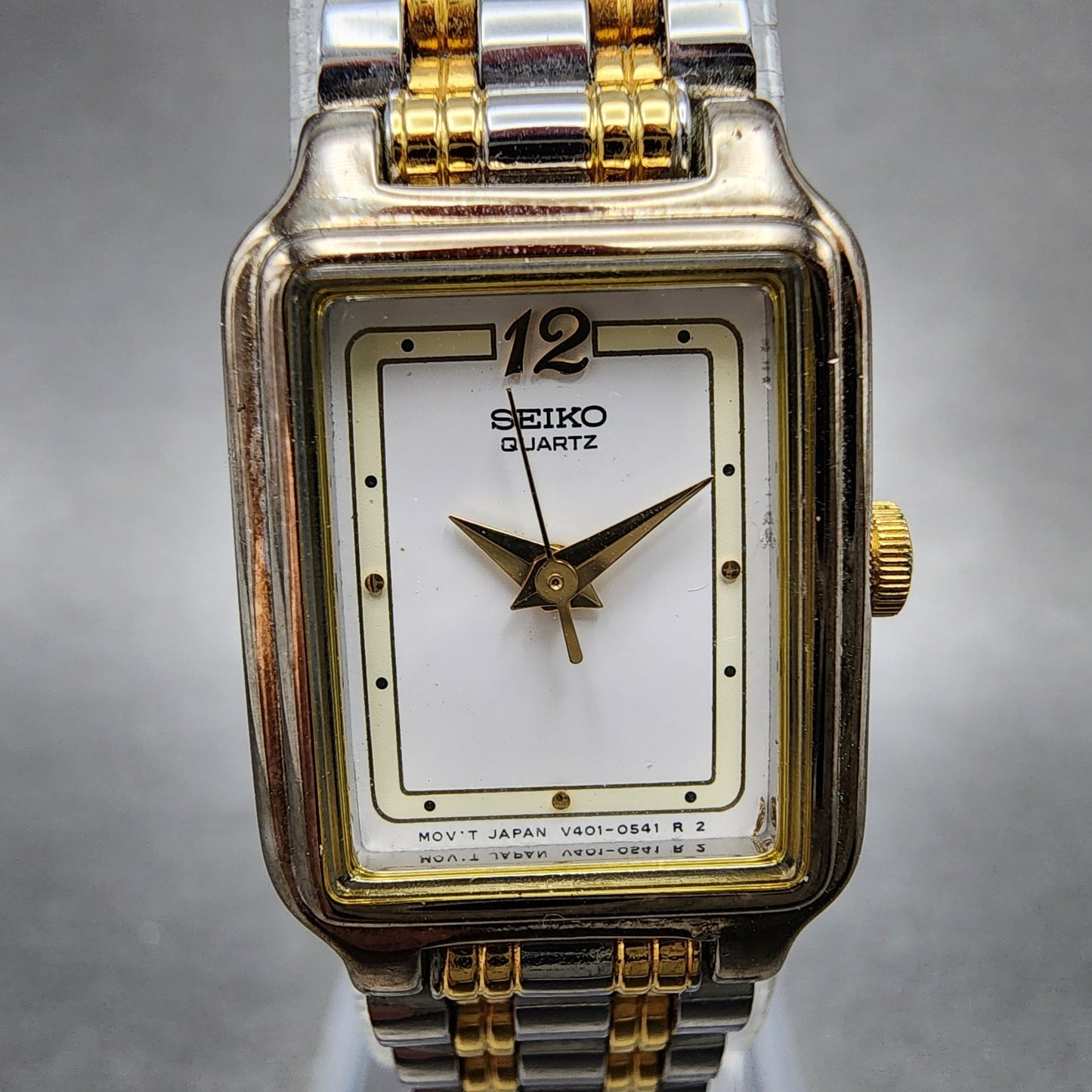 Seiko Tank Watch Women 18mm White Dial Two Tone Rectangle V4015129 New Battery1