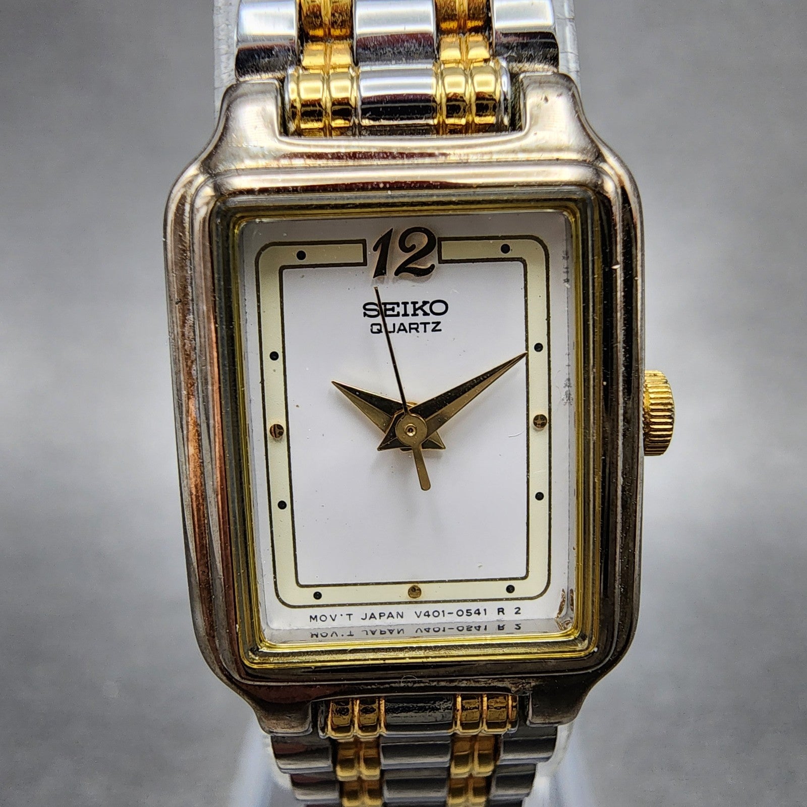 Seiko Tank Watch Women 18mm White Dial Two Tone Rectangle V4015129 New Battery1