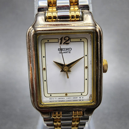 Seiko Tank Watch Women 18mm White Dial Two Tone Rectangle V4015129 New Battery1