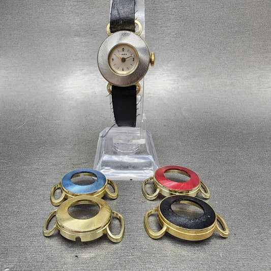 Timex Watch Women 21mm Silver Dial Gold Tone Interchangeable Bezel Runs VTG0
