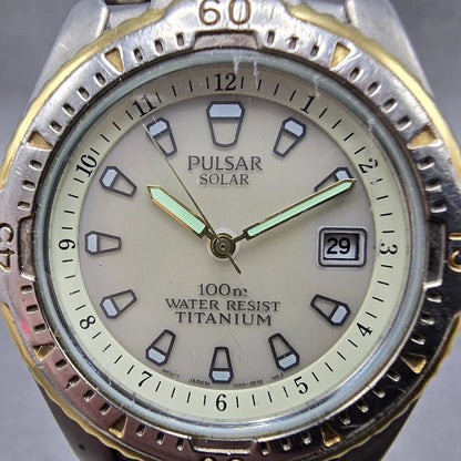 Seiko Pulsar Solar Dive Watch Men 38mm Gray Dial TwoTone Titanium READ!!!!! Runs1