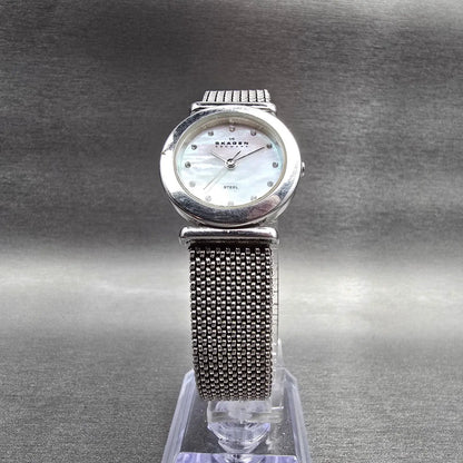 Skagen Watch Women 25mm MOP Dial Silver Tone Round 107SSSMPS Mesh Band New Batt5