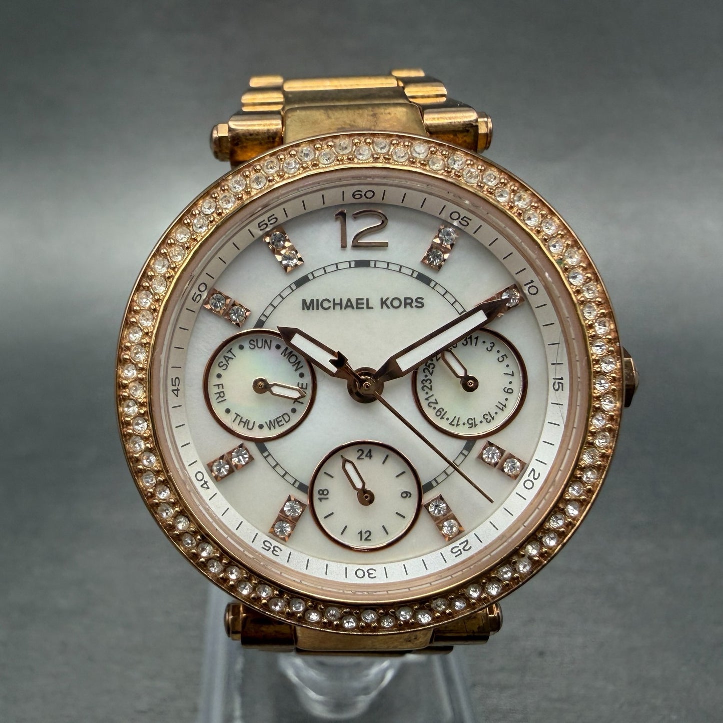 Michael Kors Mini Parker Watch Women 33mm MOP Dial Rose Gold Tone Daydate NewBat0