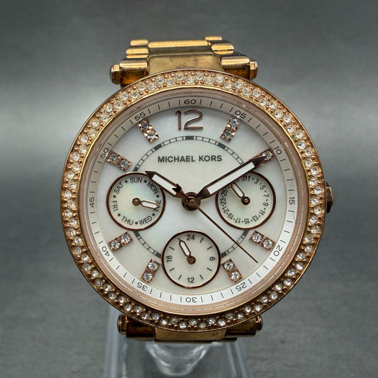 Michael Kors Mini Parker Watch Women 33mm MOP Dial Rose Gold Tone Daydate NewBat0