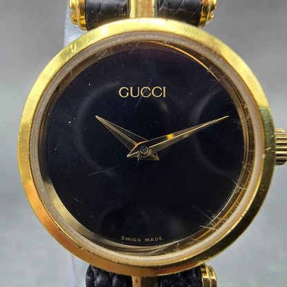 Gucci 2000L Watch Women 22mm Black Dial Gold Plated Round New Battery VTG NER1