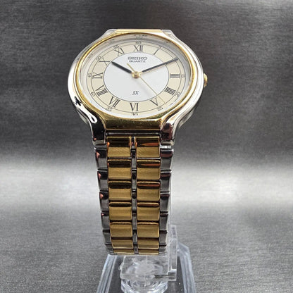 Seiko SX Watch Men 34mm White Dial Two Tone Round V701-6J60 New Battery VintageL5