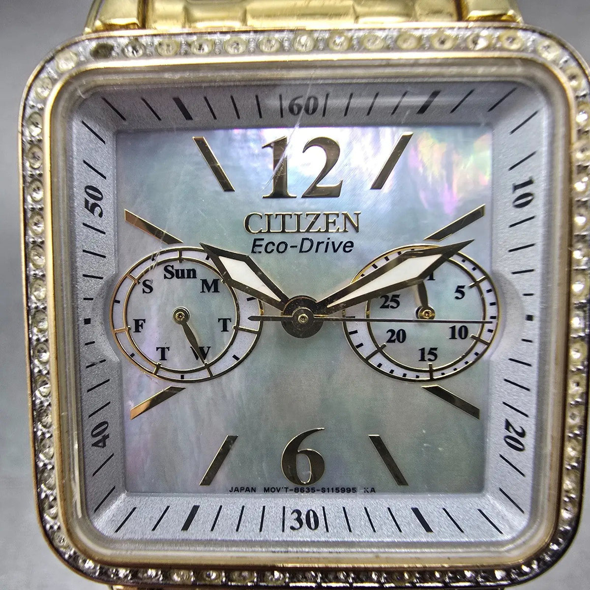 Citizen Eco-Drive Tank Watch Women 32mm MOP Dial Gold Daydate Crystal Works1