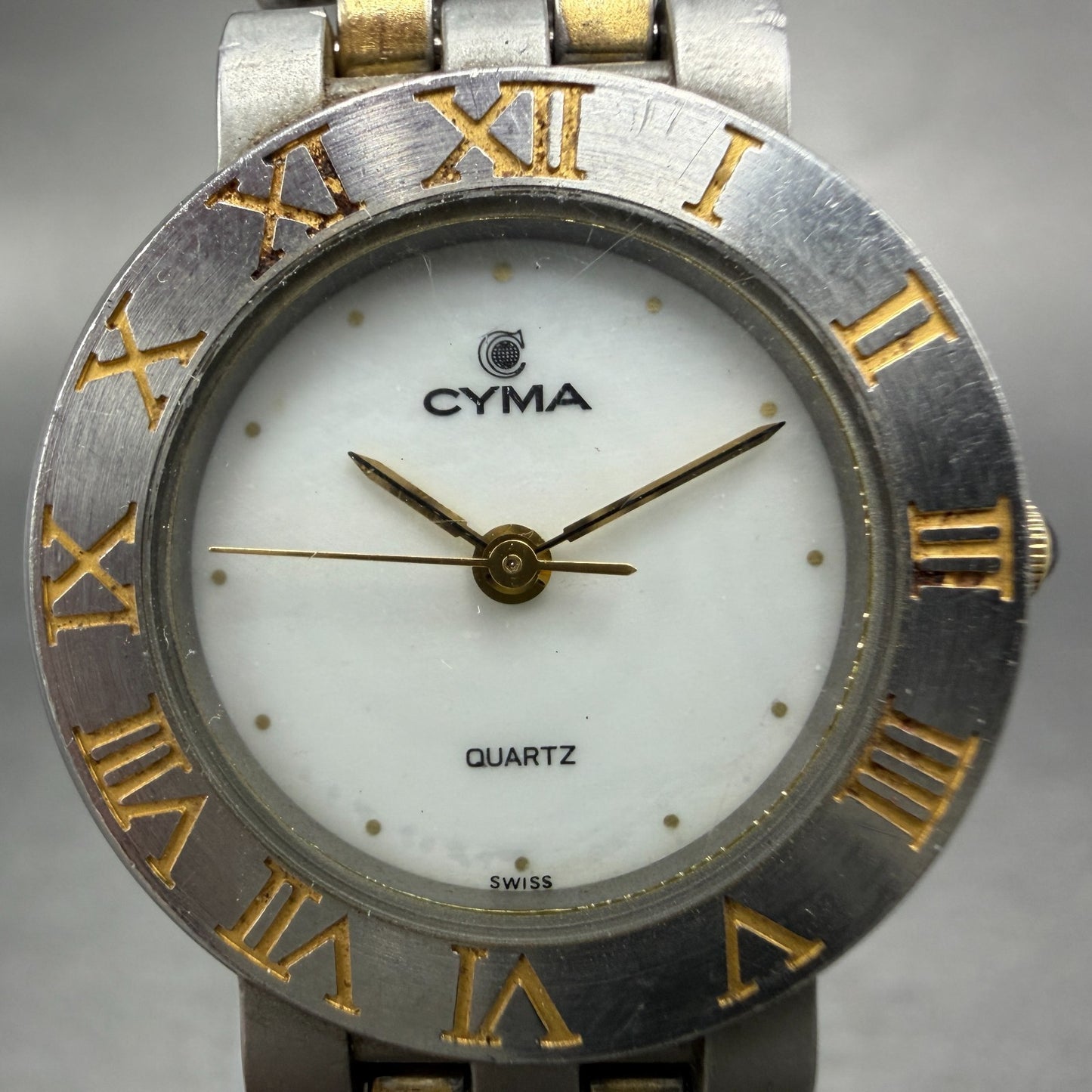 Cyma Watch Women 25mm White MOP Dial Two Tone Round 002 New Battery1