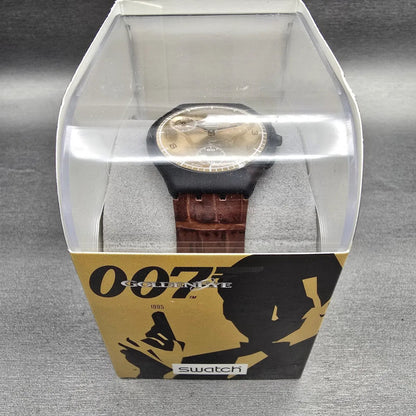Swatch Chrono James Bond GoldenEye Watch Men 37mm Gold Dial SUYB102 New Batt NOS8