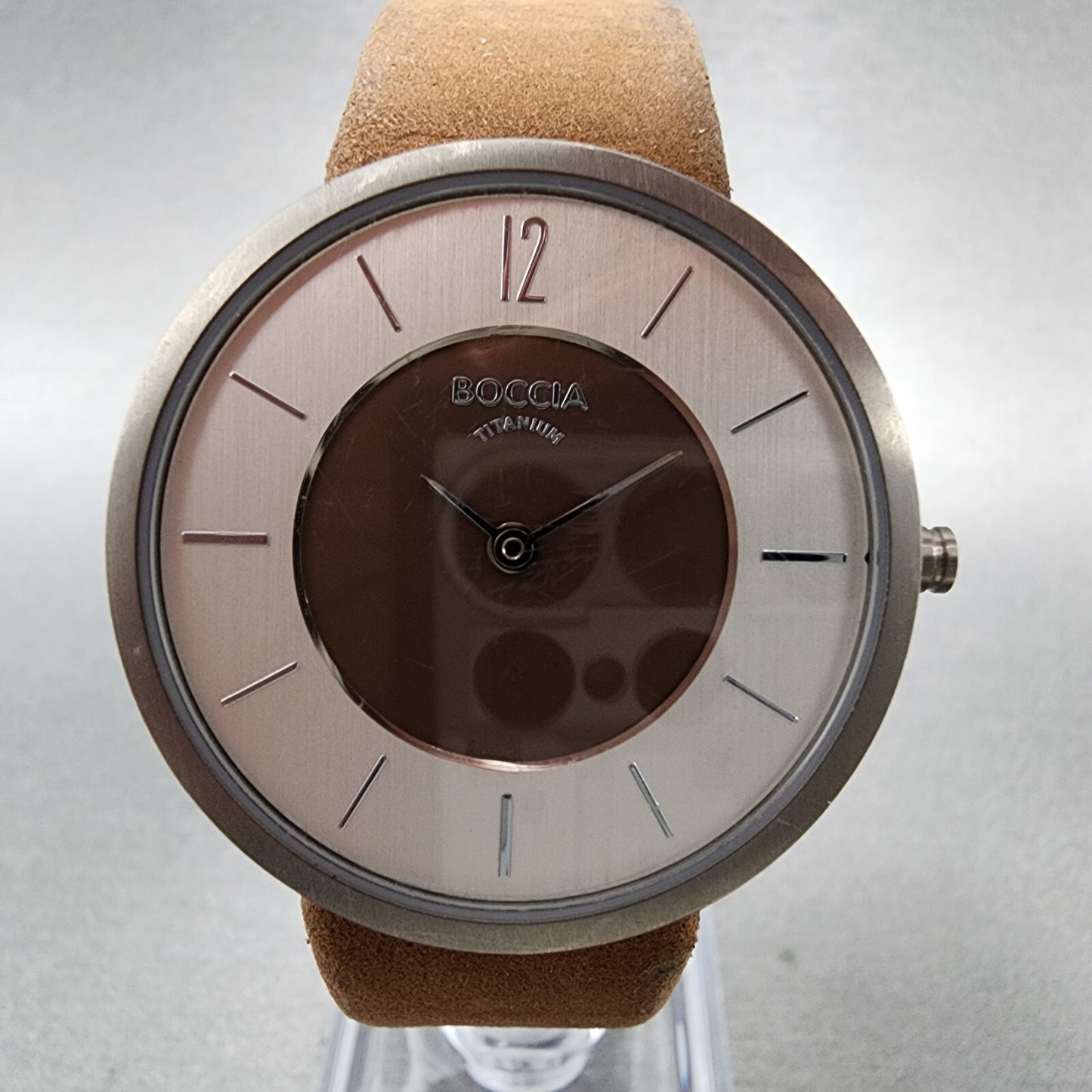 Boccia Watch Women 34mm Brown Dial Titanium Case Round Leather Band New Battery1