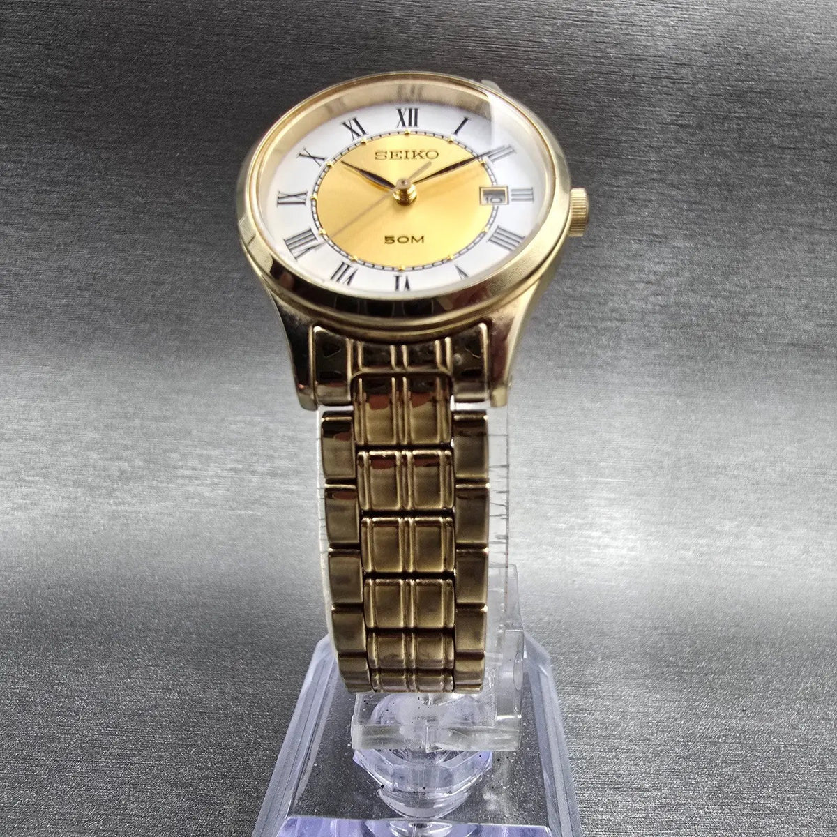 Seiko Watch Women 24mm Gold Dial Gold Tone Date Round 7N82-0GM0 New Battery5