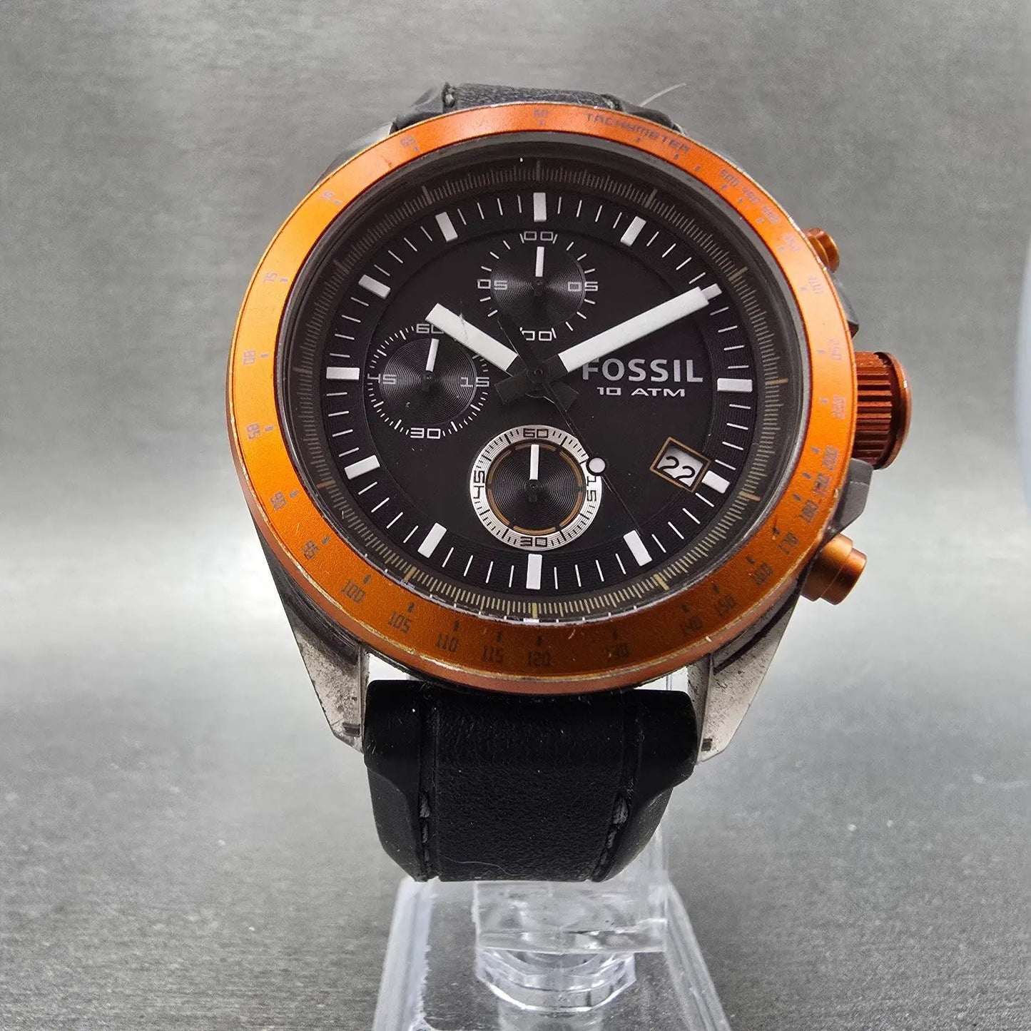 Fossil Chronograph Watch Men 43mm Black Dial Gray Tone Orange CH-2785 NewBattery5