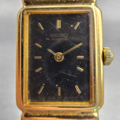 Seiko Watch Women 14mm Black Dial Gold Tone Rectangle 1F20-5B89 New Battery VTG1
