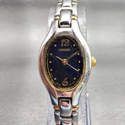 Seiko Watch Women 17mm Blue Dial Silver Tone Oval 1N01-0CT0 New Battery Vintage0