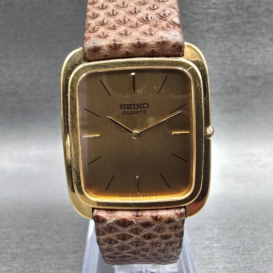 Seiko Watch Men 27mm Gold Dial Gold Tone Rectangle 9300-5009 New Battery0