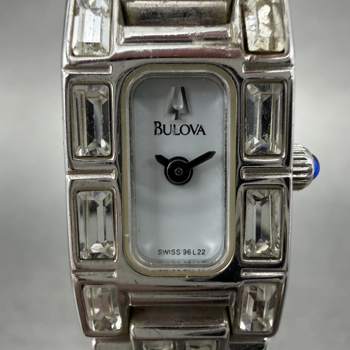 Bulova Tank Watch Women 14mm White Dial Silver Tone Crystal Accent 96L22 NewBat1