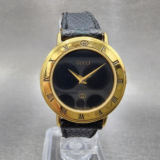 Gucci 3000L Watch Women 26mm Black Dial Gold Plated Round New Battery READ!!!!0