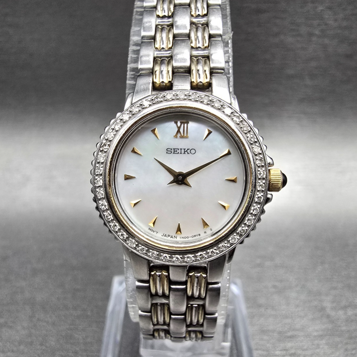 Seiko Watch Women 23mm MOP Dial Silver Diamond Bezel Round 1N00-0KH0 New Battery0