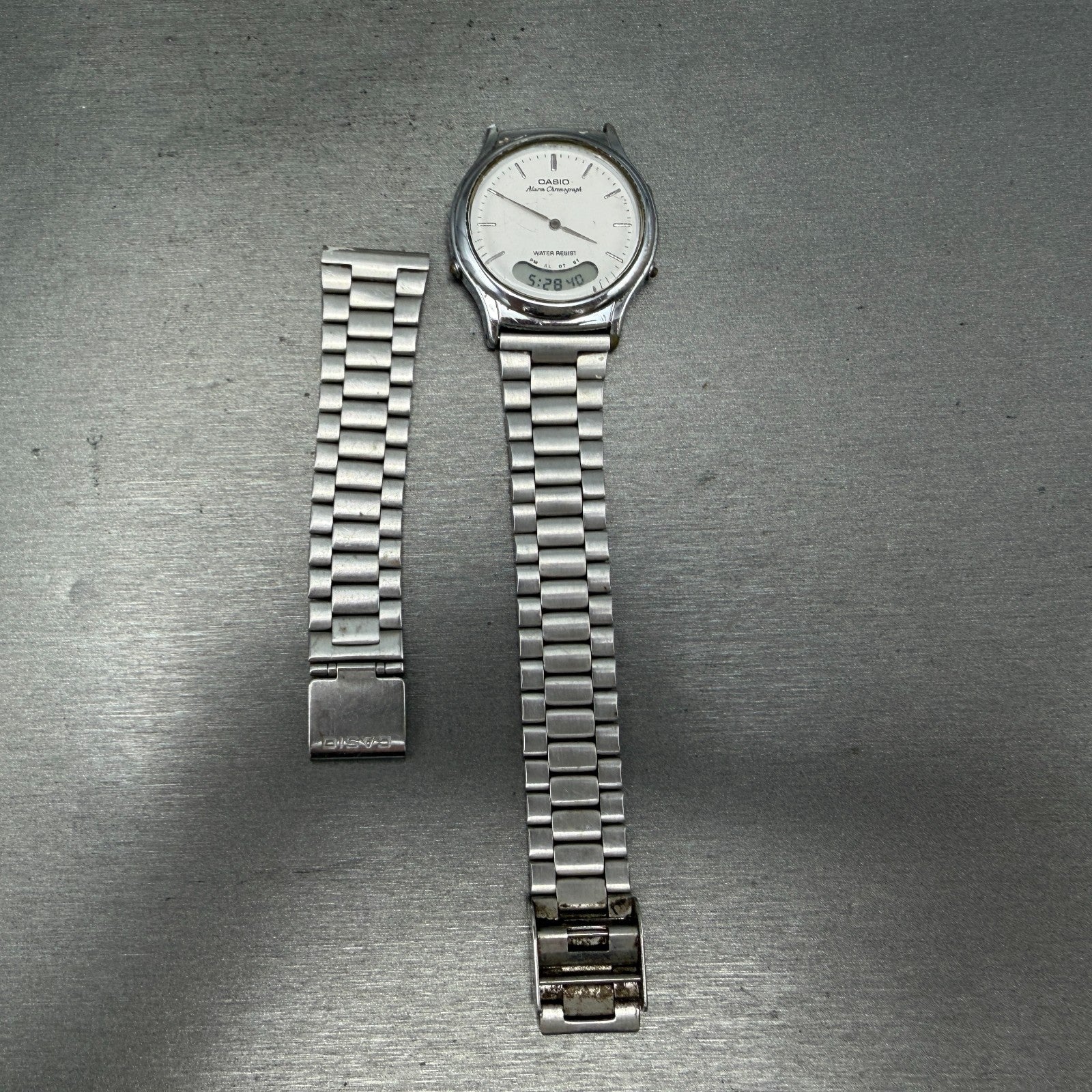 Casio AQ-227 Watch Unisex 35mm White Dial Silver Tone Analog Digital PARTS0